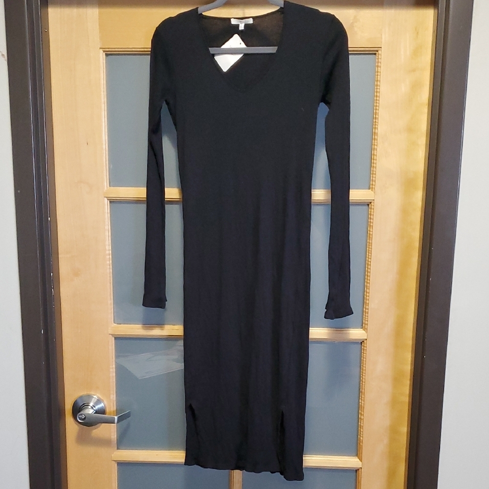 Skin Black Long Sleeve V-Neck Ribbed Sheath Dress